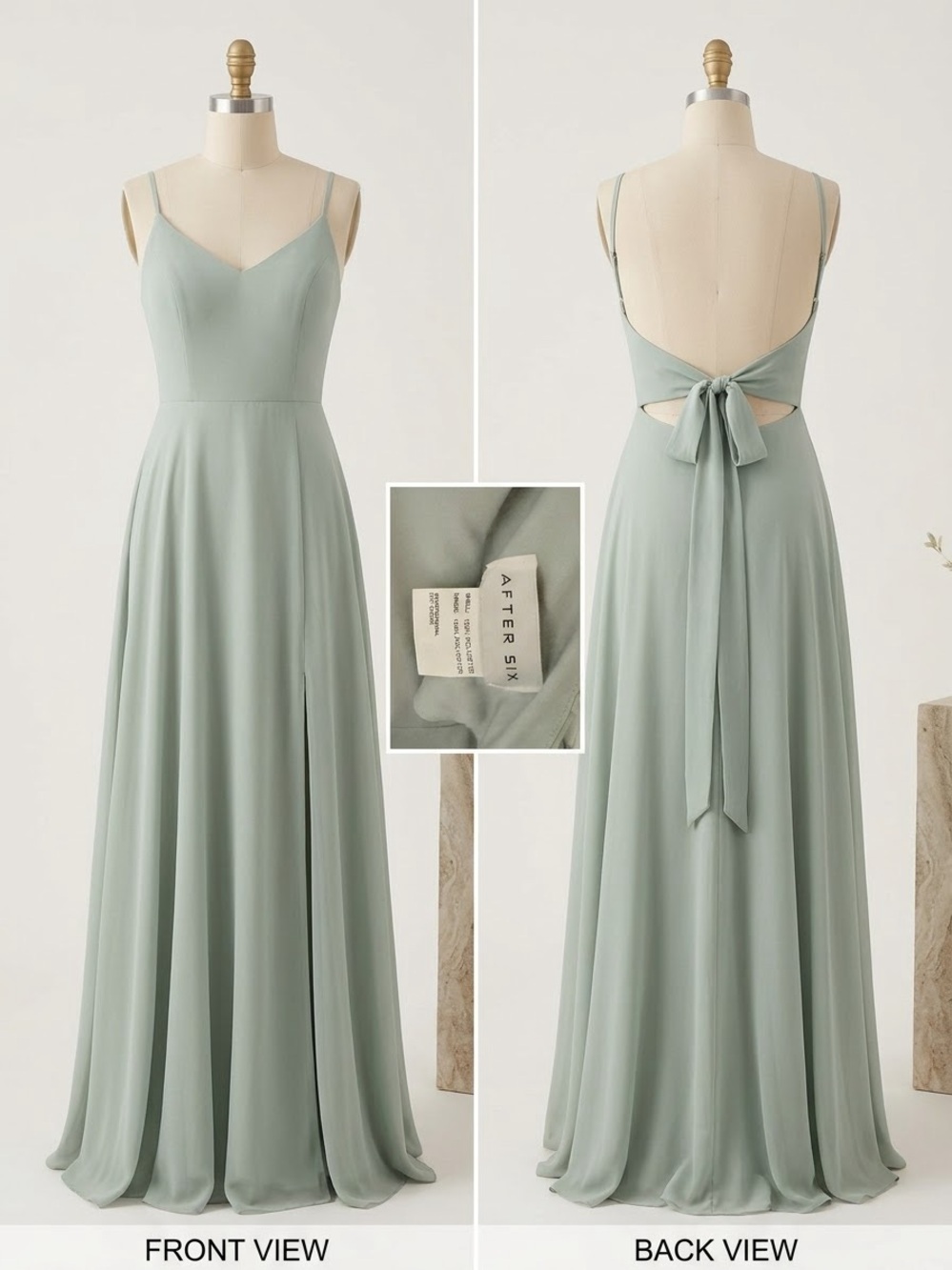After Six Sage Green Backless Maxi Dress with Bow Tie